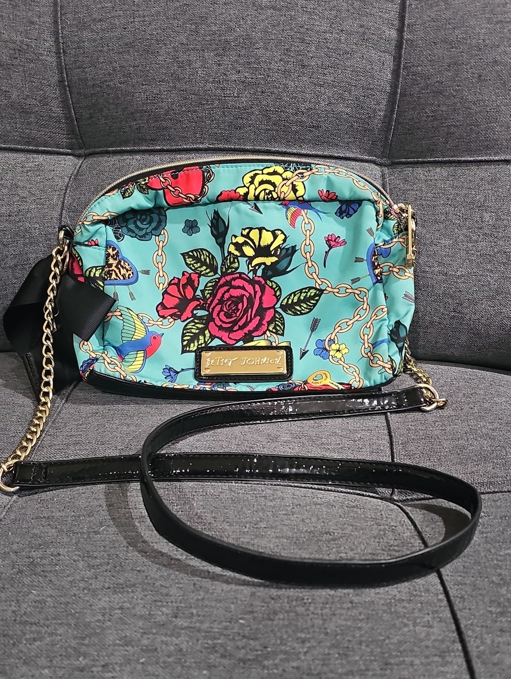 Betsey Johnson Turquoise Floral Chain Crossbody with Black Patent Strap